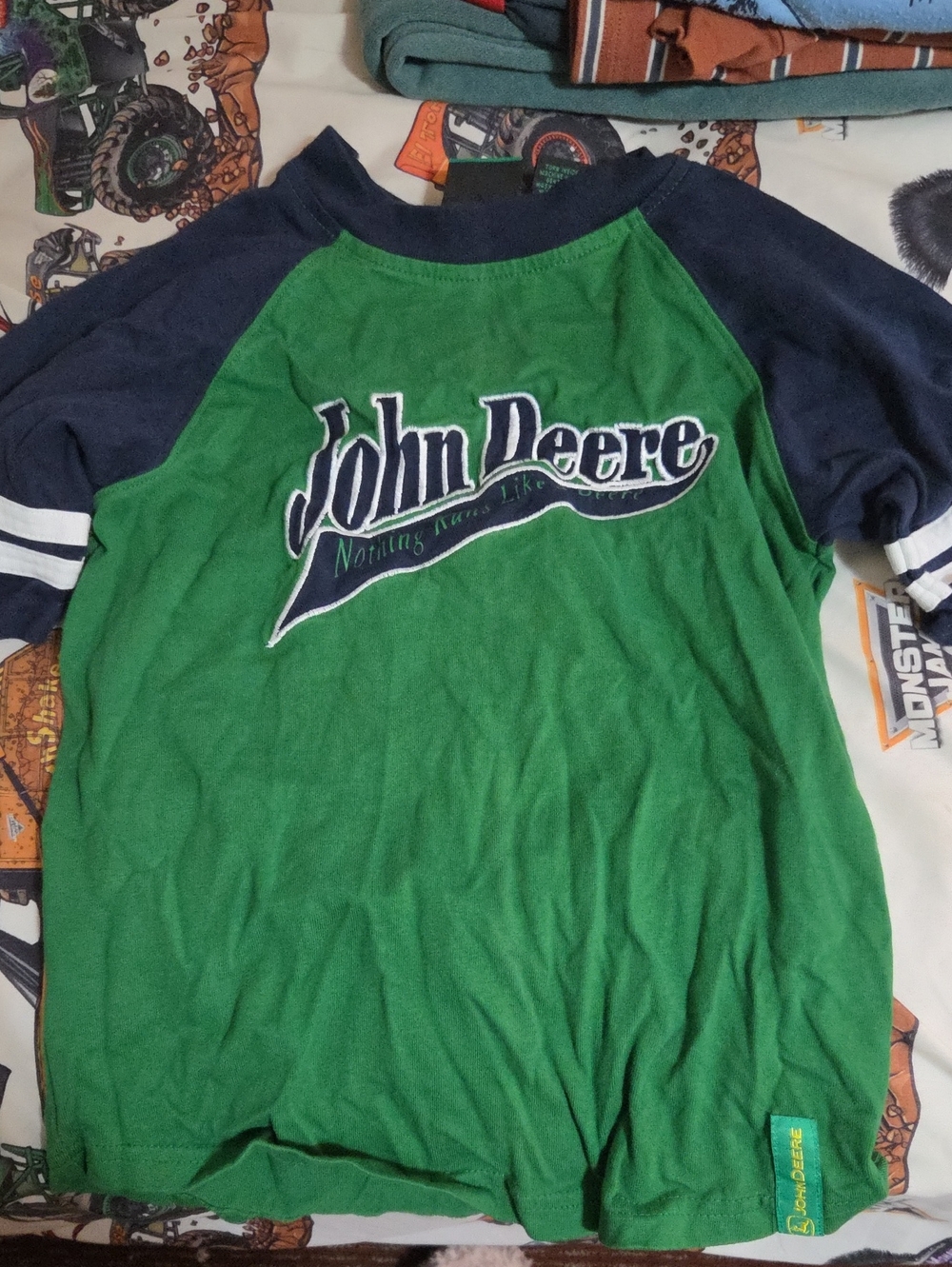 John Deere Green Shirt with Navy Raglan Sleeves and Logo